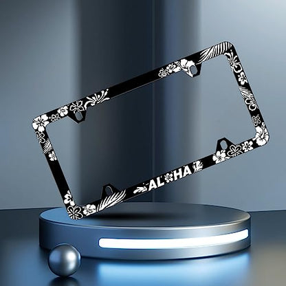 Aloha License Plate Frame Beautiful Hibiscus Flower License Plate Frames Personalise Stainless Steel Funny Design Compatible with Standard License Plate Holder for USA and Canada 6 X 12 with Screws - color: Aloha Hibiscus Flower