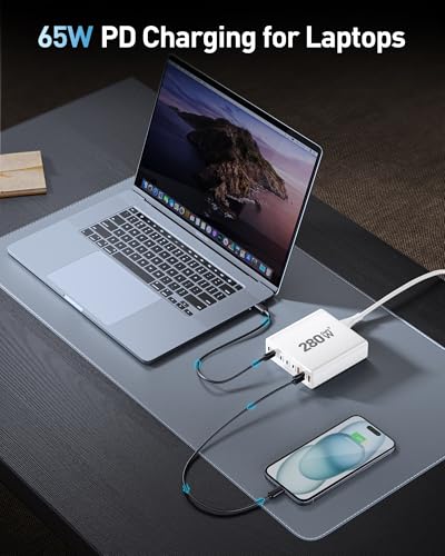 280W USB C Charger Block, 8-Port USB C Charging Station GaN III PD 65W Laptop Charger Adapter Compatible with MacBookPro/Air,DELL,iPad,Portable Charging Station for iPhone,Samsung Galaxy (White) - color: White