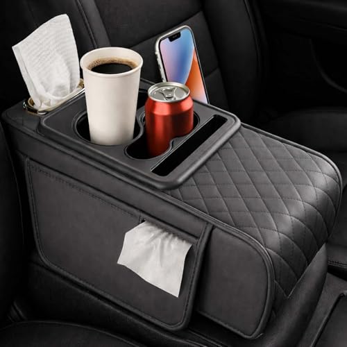 2026 Multifunctional PU Leather Car Armrest Box Mat,5-in-1 Center Console Cover with Cup Holder with 2 Storage Bags,Tissue Box Slot, Phone Slot,Universal Car Armrest Storage Bag (Gray) - color: Gray