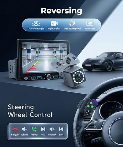Single Din Radio Car Stereo with Wireless/Wired CarPlay & Android Auto, 7'' Single Din Touchscreen with BT,Mirror Link,FM/AM/RDS,EQ,USB/Type-C,Rear View Camera,SWC,Mic - style: Dual USB & Bottom Buttons