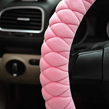 HAOKAY Luxury Fluffy Steering Wheel Cover for Women Girls,Soft Warm Short Plush Steering Wheel Cover Pink Fuzzy with Universal 14.5-15 Inch - color: PINK-222