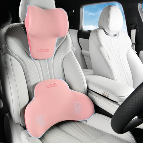 Coverado Lumbar Support and Headrest Pillow for Car, Memory Foam Ergonomic Head Neck Support Pillow for Driving Seat, Back Support and Pain Relief, Seat Cushion for Car, Driver, Office - color: Pink