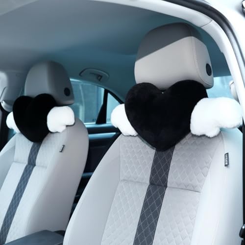 Macarrie 2 Pcs Plush Heart Shaped Pillow with Angel Wings Car Headrest Soft Comfortable Seat Pillow for Driving Travelling Room Office Car Decor, 19.7 x 8.3 Inch(Black) - color: Black
