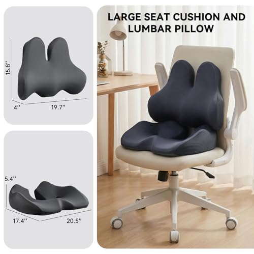 Seat Cushion Lumbar Support Pillow Set for Tailbone & Sciatica Pain Relief, Chair Cushions Back Support with Ergonomic Design Memory Foam XLarge Coccyx Pad for Car, Office, Desk, Wheelchair