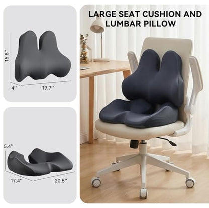 Seat Cushion Lumbar Support Pillow Set for Tailbone & Sciatica Pain Relief, Chair Cushions Back Support with Ergonomic Design Memory Foam XLarge Coccyx Pad for Car, Office, Desk, Wheelchair