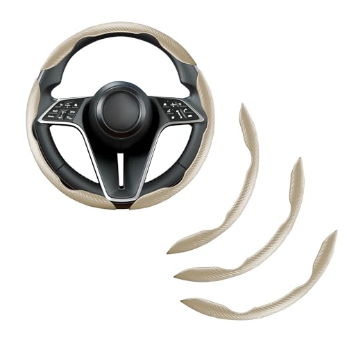 Carbon Fiber Steering Wheel Cover, 3-Piece Set Anti-Skid Comfortable Grip Segmented Butterfly Design, Easy Snap-On Installation Universal Fit 99% Cars, Beige - color: Beige, size: 3