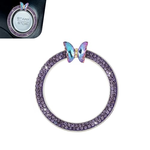 Bling Car Engine Start Stop Decoration Ring, Crystal Rhinestone Butterfly Ring for Car Button Ring, Car Interior Accessories for Women, Push to Start Button Cover Decoration(Purple) - color: Purple