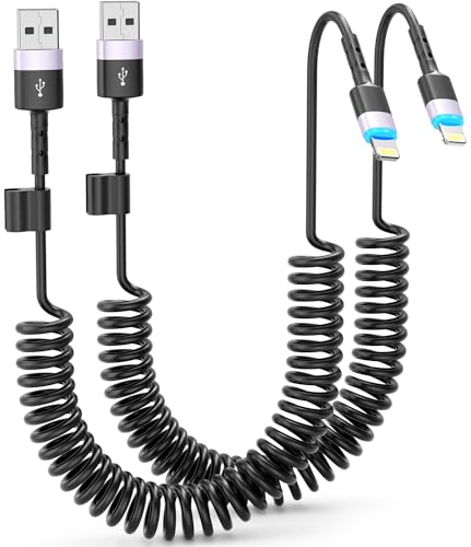 Coiled Lightning Cable, 2 Pack, 3 FT, iPhone Cord for Car, Apple CarPlay [MFi Certified], Short USB to Lightning Charging Compatible with iPhone 14/13/12/11, iPad, AirPods (Black) - color: Black, size: Lightning