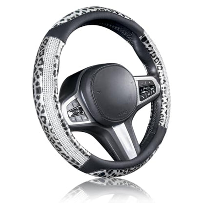 AUTOYOUTH Leopard Steering Wheel Cover - Bling Crystal Rhinestones Cheetah Print on Leather Non-Slip Breathable Design for Women/Girls Universal Fit 14.5-15 Inch(Black & Silver) - color: BLACK SILVER
