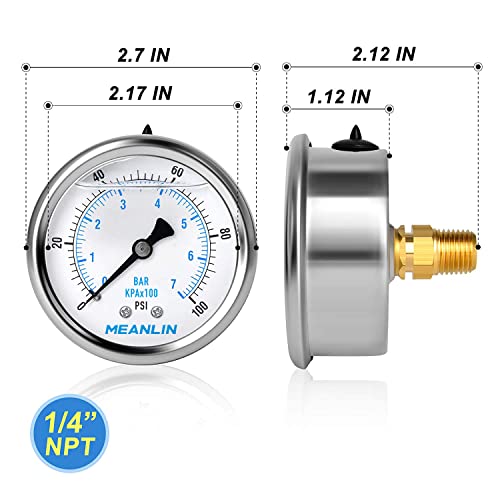 MEANLIN MEASURE 0~100Psi Stainless Steel 1/4" NPT 2.5" FACE DIAL Liquid Filled Pressure Gauge WOG Water Oil Air Center Back Mount, with 1/2" NPT and 3/8" NPT Hex Bushing - size: 0-100Psi