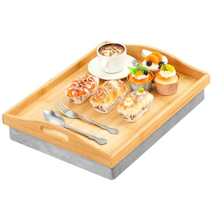 Tioncy 1 Piece Bamboo Lap Tray with Detachable Pillow 16.9'' x 13'' Lap TV Trays Desk with Handles for Adults Eating in Recliner Breakfast Housewarming Gift (Wood) - color: Wood