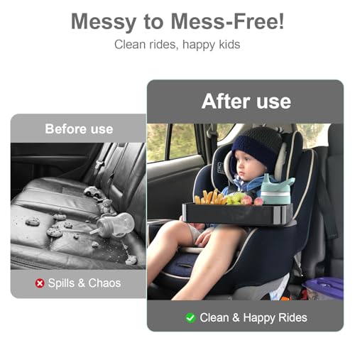 Car Seat Snack Tray for Toddlers - 3 Inch Cup Holder Fits Most Sippy Cups & Straw Bottles with Dip Well, Mess-Free Square Kids Travel Tray Road Trip Essentials, Black - color: Black