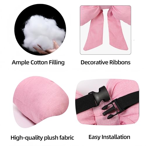 Car Seat Neck Pillow Elegant Bow Car Headrest Pillow Set - Cotton Linen Neck Cushion Universal Fit for Women Comes with 2 Seat Belt Covers (Pink Set 4Pcs) - color: Pink Set 4pcs