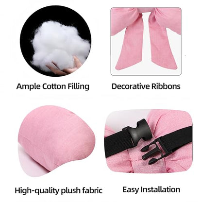 Car Seat Neck Pillow Elegant Bow Car Headrest Pillow Set - Cotton Linen Neck Cushion Universal Fit for Women Comes with 2 Seat Belt Covers (Pink Set 4Pcs) - color: Pink Set 4pcs