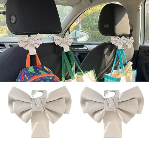 2pc Car Seat Headrest Hooks, Cute Bow Car Purse Hook for Bags, Heavy Duty Hanger for Handbag Grocery Bag Coat, Interior Accessories for Women (White) - color: White