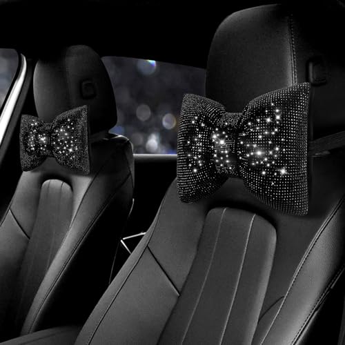 surpassme 2PCS Rhinestone Car Headrest Neck Pillow for Driving with Bling Bling Crystal Bow Pillow Car Accessories for Women (Black) - color: 2 Black Pillows