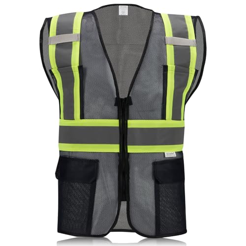 High Visibility Reflective Safety Vest with Zipper and Pockets Translucent Black,M - color: Translucent Black, size: Medium