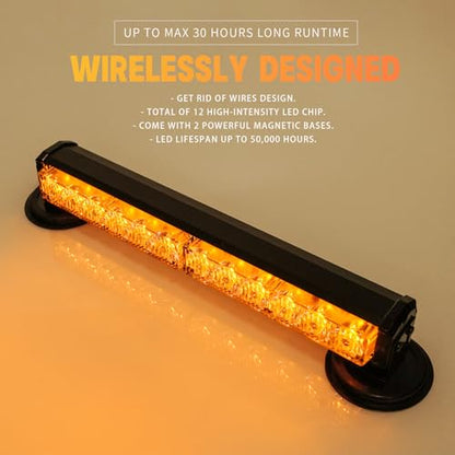 14 in Battery Powered Emergency Strobe Lights Bar Wireless Rooftop Mini Hazard Flashing LED Beacon Warning Light w/Magnetic Base for Construction Vehicles Work Trucks Snow Plow (Amber) - color: Amber