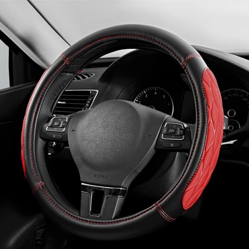 PIC AUTO Steering Wheel Cover, Red Thick Rhombic Foam and Premium Leather, Universal 14.5-15.5 Inch Breathable Anti-Slip Steering Wheels Accessories for Men & Women - color: Red