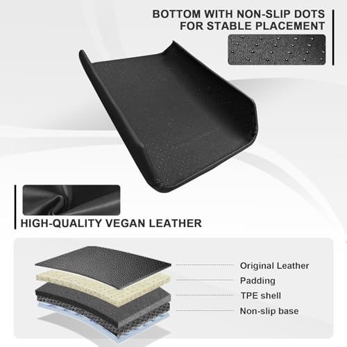 Muslogy Center Console Armrest Cover Fit for Tesla Model Y Juniper 2026+ / Model 3 Highland 2024+ Accessories, Comfort Armrest Pad Console Lid Cushion Vegan Leather Snap-On Black (Hard Cover) - size: 25+ |Juniper| Snap-On Black, Hard Cover