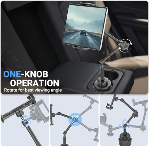 Car Tablet Holder for Cup Holder, Metal Long Arm 360° Rotation Tablet Mount for Truck Golf Treadmill, Fit Thickness Case (Deep Max 1.18'') for iPad Pro/Air/Mini, Galaxy Tab & 6.1-15.6" Devices