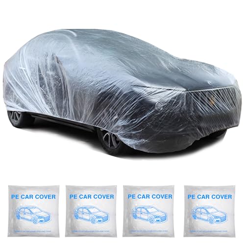 4 Pack Universal Disposable Car Covers - Waterproof Plastic Car Cover for Automobiles - Universal Vehicle Cover with Elastic Band for Sedan Outdoor Snow Rain Weather, (Size L 4Pack)