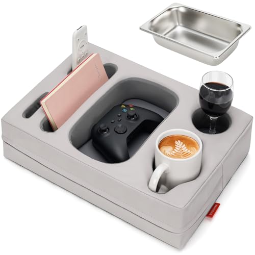 INNO STAGE Couch Cup Holder Pillow - Sofa Cup Holder with Stainless Steel Bowl Couch Drink Caddy Remote Snacks Cozy Mug Cupholder Buddy for Bed, Car, Man Cave, Rv, Tv, Backseat (PUGrey) - color: PUGrey, size: 15.5 x 11.3 inch