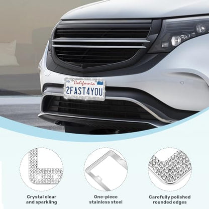 QUANQIUFEI 2 Pack Bling License Plate Frames, Sparkly Rhinestone Diamond Car License Plate Cover for Women, Stainless Steel Car Accessories with Glitter Crystal Caps (Silver) - color: Silver