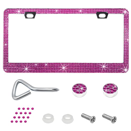 Bling License Plate Frame, Sparkly Rhinestone Car Tag Cover with Glitter Crystal Caps, Stainless Obstruction-Free Licence Plate Holder for Women Girls, Universal Car Accessories (Pink) - color: Pink
