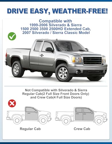 Out-Channel Window Rain Guards Fit for 1999-2006 Chevy Silverado/GMC Sierra Extended Cab, Window Visors Vent Visors Vent Shades Wind Deflector Dark Smoke Car Tape-on with Thicker 4PCS - size: Fit for 1999-2007 Silverado&Sierra Extended Cab