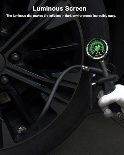 Atsafepro Tire Pressure Gauge with Inflator - 0-220PSI ANSI B40.1 Accurate, 2.5" Easy Read Glow Dial & Rubber Hose, Air Compressor Attachments for Tire Pressure Check - size: Mechanical Pressure Gauge With Inflator
