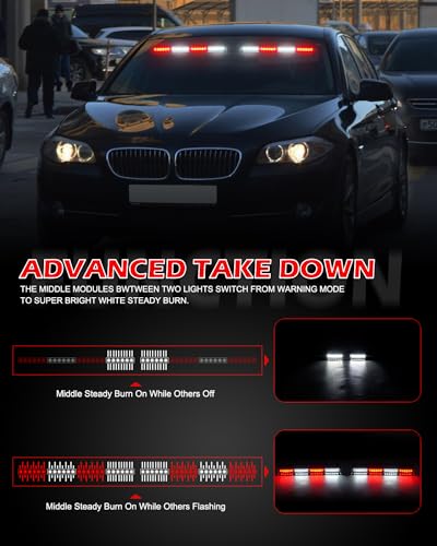 HLauto 604N Emergency Dash Strobe Lights: 2x16.8 inch Red White Security Light w/Take Down, 48 LED Safety Flashing Warning Hazard Interior Windshield Light Bar for Trucks Vehicles - color: #06 Red / White