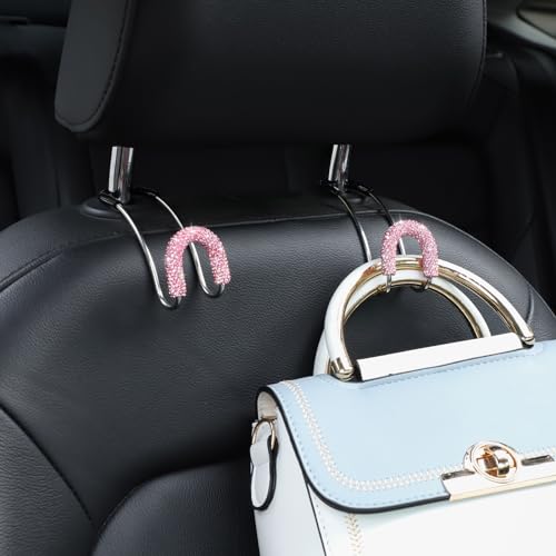 Soleebee 2 Pack Bling Car Headrest Hooks Crystal Rhinestones Universal Car Seat Hook Auto Hook Durable Car Back Seat Hangers Storage Organizer (Pink) - color: Pink