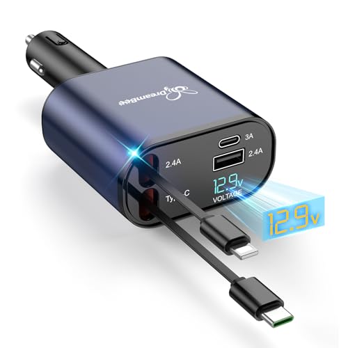 DreamBee Retractable Car Charger,66W 4 in 1 Super Fast Charge Car Phone Charger,Gifts for Men Women Car Truck Accessories for iPhone 17/16/15/14/13/12 Pro Max XR,iPad,Samsung,Pixel-Blue - color: Blue, size: TypeC+Lightning