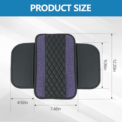 Bling Leather Car Center Console Cover, 12.2"×7.48" Crystal Rhinestone Automotive Arm Rest Cover with Side Pockets, Universal Vehicle Armrest Protector, Interior Car Accessories (Purple) - color: Purple