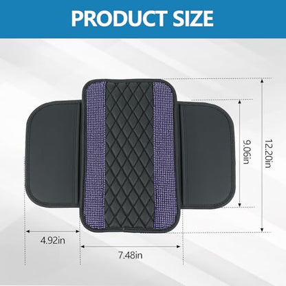 Bling Leather Car Center Console Cover, 12.2"×7.48" Crystal Rhinestone Automotive Arm Rest Cover with Side Pockets, Universal Vehicle Armrest Protector, Interior Car Accessories (Purple) - color: Purple