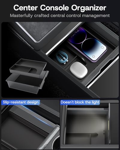 9PCS Center Console Organizer Tray for Tesla Model 3 Accessories 2024 2025 2026 [Premium PC + Silent Silicone Liner] Bottom Liners Armrest Privacy Hidden Storage Cup Holder Wireless Charging Pad - size: Model 3 Highland