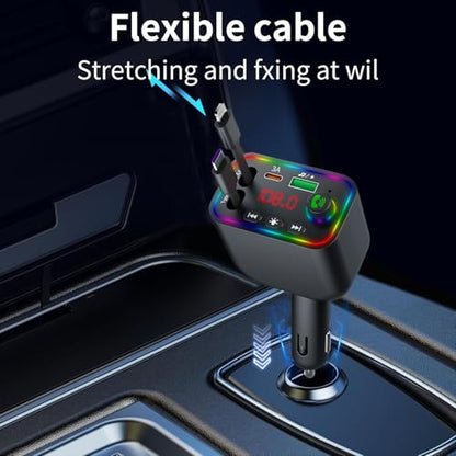 Vitog Retractable Car Charger, Wireless Bluetooth 5.3 FM Transmitter 100W USB C 4 in 1 Fast Car Charger Adapter,iPhone 16 Fast Charging-for iPhone 16 15 14 13 12 Android