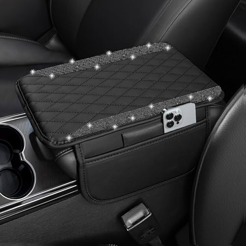 NBTEPEM Bling Car Center Console Armrest Cover, Microfiber Leather and Diamond Middle Console Cover with 2 Storage Bags, Bling Accessories Interior for Most Vehicles (Black Diamond) - color: Black Diamond