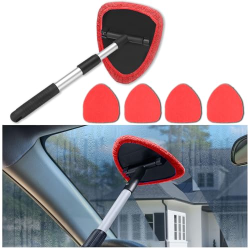 Windshield Cleaner Tool - Portable Car Interior Window Cleaning Kit with Extendable Handle, 4 Microfiber Towel Pads, Auto Glass Wiper for Windshield, Universal for RV, SUV, Truck (Red) - color: Red