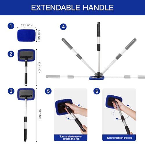 Qydipclin 11pcs Windshield Cleaner Tool, Car Window Cleaning Wash Kit with 6 Reusable Microfiber Pads 2 Spray Bottles and Extendable Handles Auto Glass Wiper Kit, Blue - color: Blue
