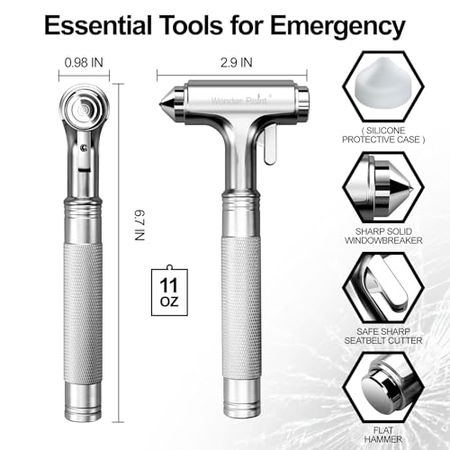 Premium Car Glass Breaker with Seat Belt Cutter - Automotive Safety Hammer - Emergecy Escape Tool, Car Autoaccessory Metal Window Hammer, Vehicle Hard Aluminium Alloy Head Design(Silver) - color: Silver