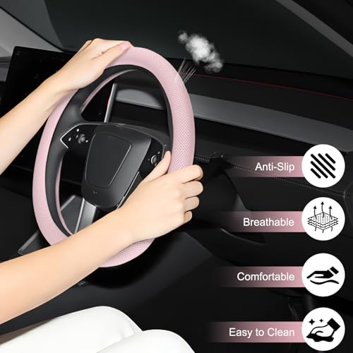 Microfiber Leather Universal 14.5-15 inch Steering Wheel Cover,Easy to Install Non-Slip Breathable Steering Wheel Protector Light Pink - color: Light Pink