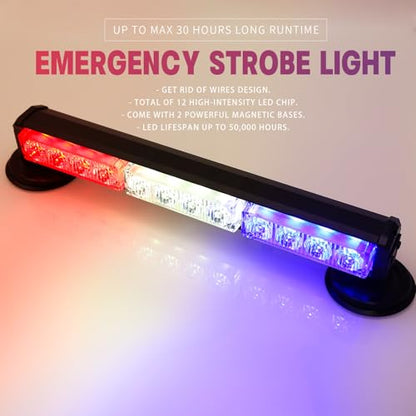 14" Red/White/Blue Battery Powered Police Firefighter Emergency Strobe Lights Bar for Trucks/Vehicles Rechargeable Wireless Rooftop Mini Hazard Flashing LED Beacon Warning Light w/Magnetic Base - color: #04 Red/White/Blue, size: 14 inchs