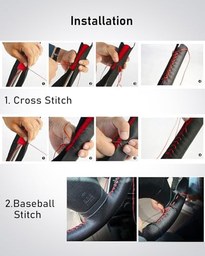 Belinous Leather Steering Wheel Cover Lace Up, Stitch on Steering Wheel Wrap, Universal Fit 13-20 Inch Car Truck Pickup Boat, A Whole Piece of Cowhide, DIY w/Needle Thread (Size L0, Wine Red) - color: Wine Red, size: L0