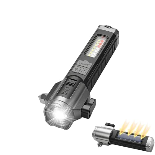 Solar Flashlights for Car Emergency Flashlight, Multi-Functional Escape Tool with Window Breaker Seatbelt Cutter Alarm Buzzer, Zoomable Spotlight for Roadside Assistance, Camping, Survival Black-1P - color: Black-1P