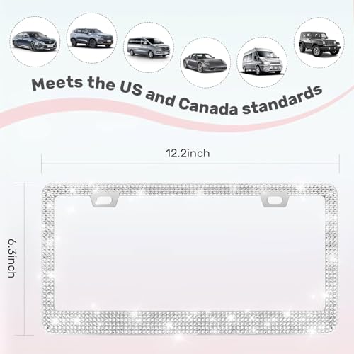 2 Pack License Plate Frames for Women, Sparkly Rhinestone Diamond Car Accessories with Glitter Crystal Caps (White (2PCS)) - color: White (2PCS)
