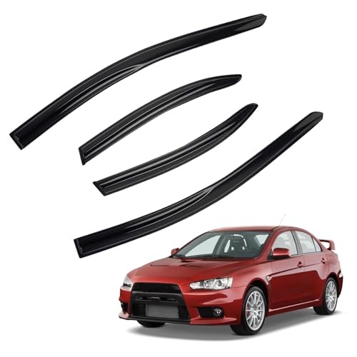 4pcs JDM 3D Wavy MU Style Window Visors Compatible with 2008-2017 Mitsubishi Lancer EVO Evolution, Front+Rear Left+Right Outside Mount Type Dark Smoke Tint Tape-On Side Sun Rain Guards Set of 4 - size: 2008-2017 Mitsubishi Lancer