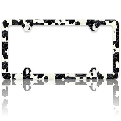 Black and White Cow Print License Plate Frame Spots Texture License Plate Holders Funny Auto Accessory Bracket Stainless Steel License Plate Frames with Screws for Women Men 6x12 Inch 4 Holes - color: Black And White Cow Print