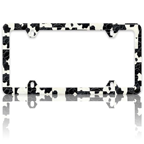 Black and White Cow Print License Plate Frame Spots Texture License Plate Holders Funny Auto Accessory Bracket Stainless Steel License Plate Frames with Screws for Women Men 6x12 Inch 4 Holes - color: Black And White Cow Print